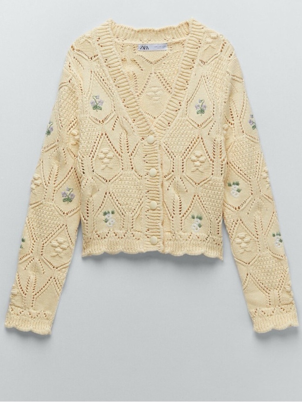 Zara Pale Yellow Knit Cardigan with Floral Embroidery